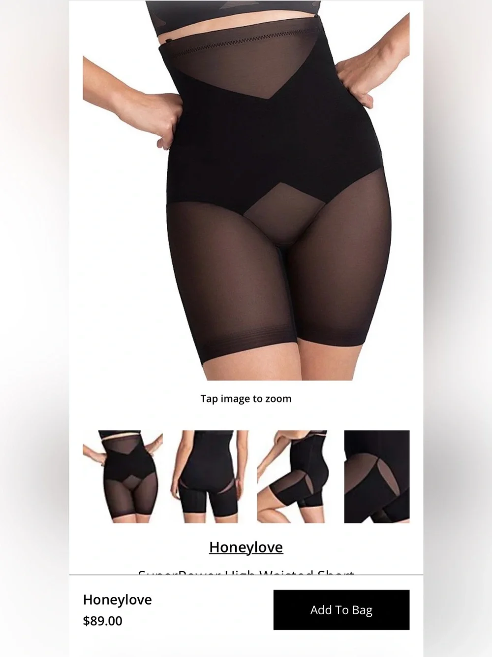 NWT Honeylove Black High-Waist Super Power Shaping Shorts Black XL Mesh Accents